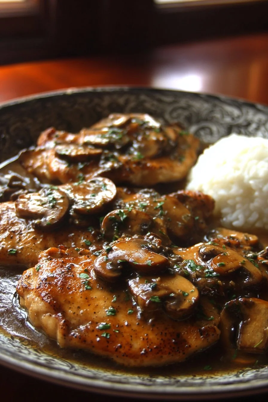 Delicious Chicken Marsala served with mushrooms and wine sauce