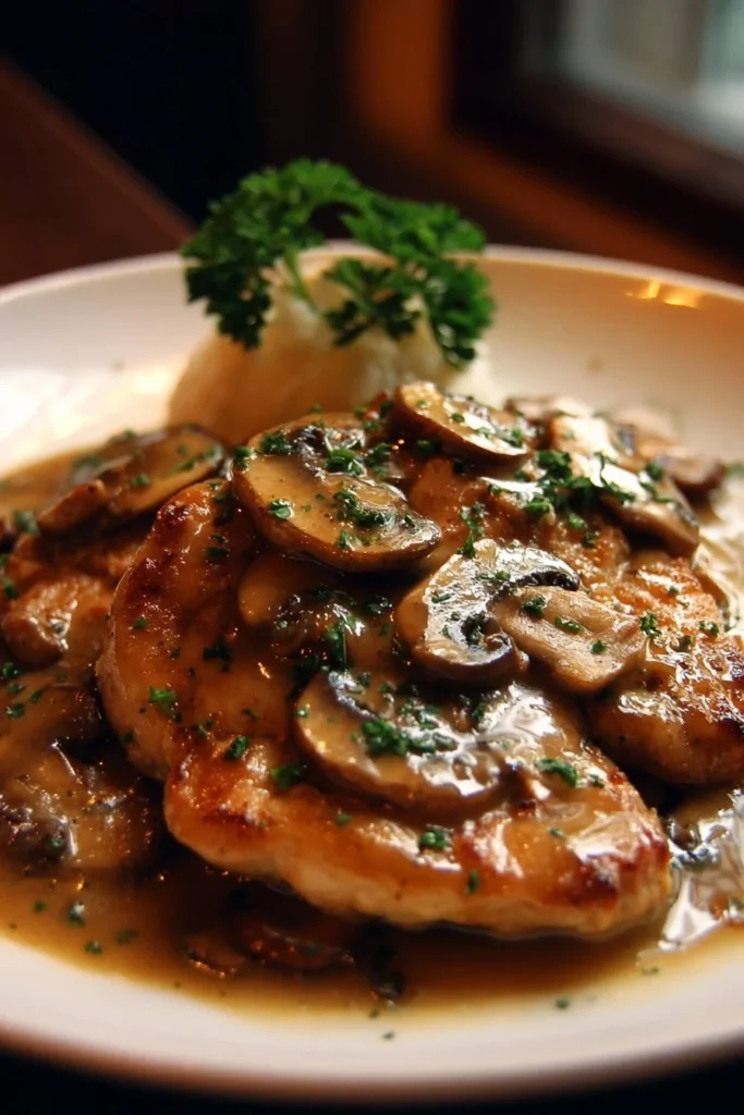 Delicious Chicken Marsala dish served with mushrooms in a rich sauce.
