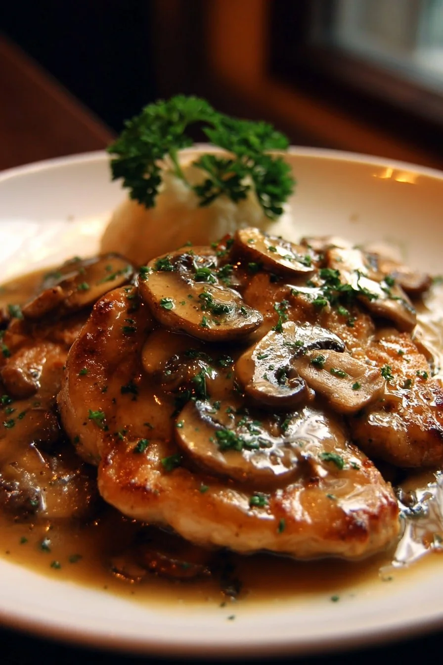 Delicious Chicken Marsala dish served with mushrooms in a rich sauce.