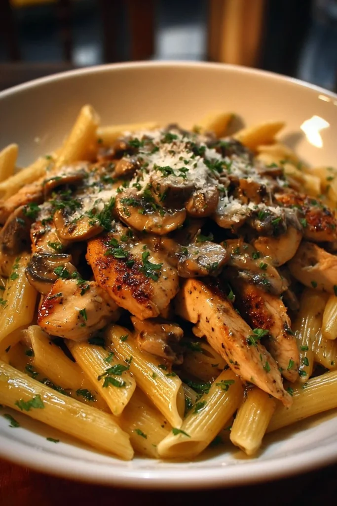 Plate of Chicken Marsala Pasta with mushrooms and herbs