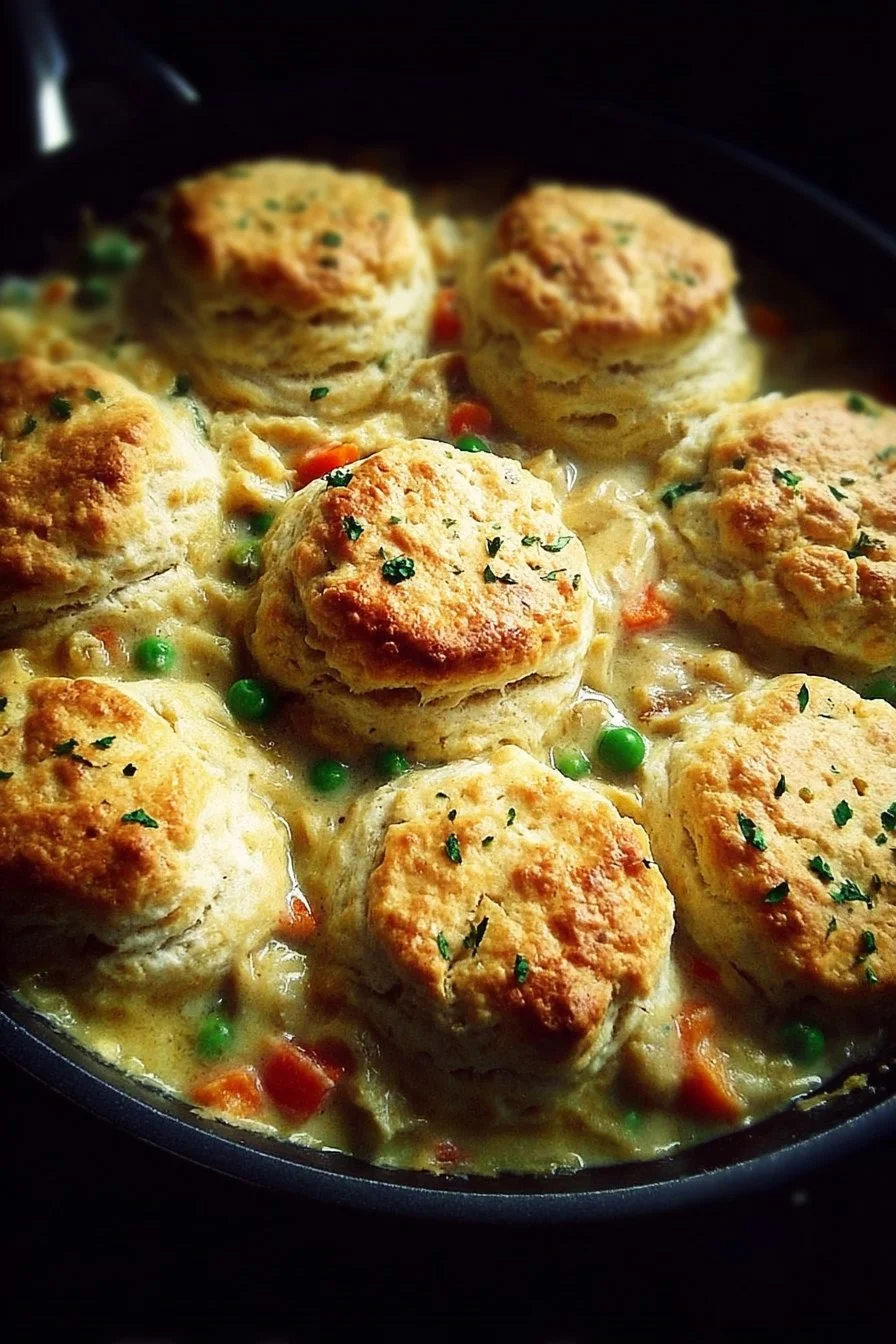 Homemade chicken pot pie with flaky biscuit tops