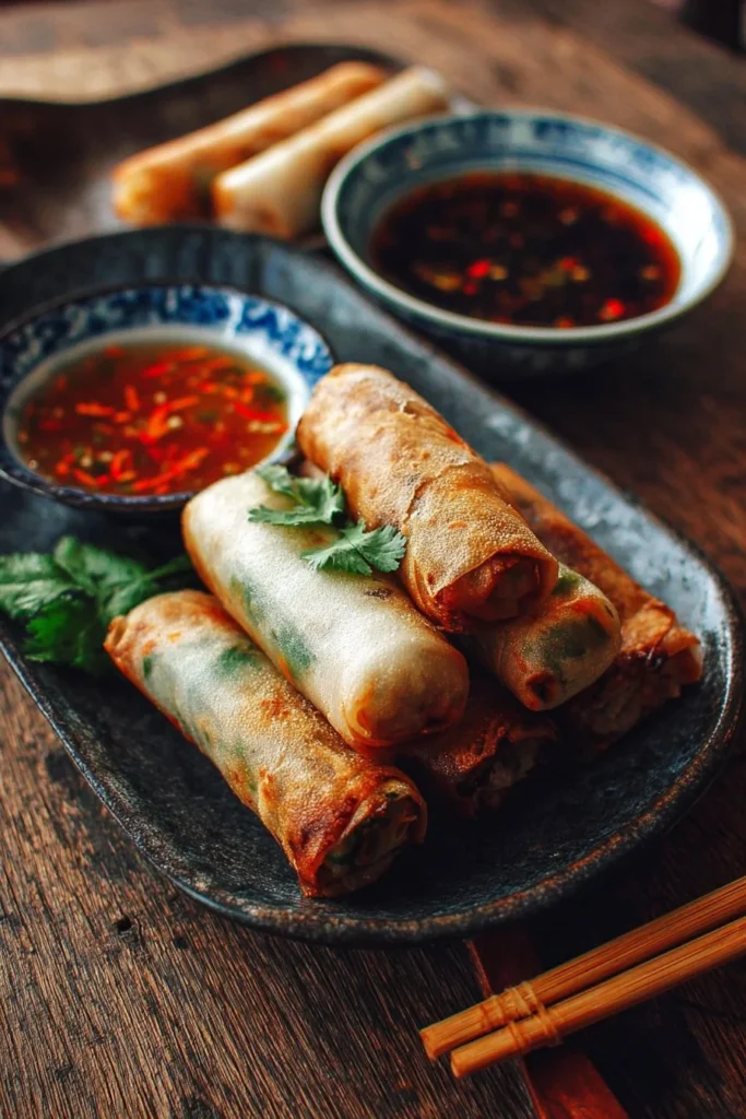 Delicious Chinese vegetable spring rolls served with dipping sauce.