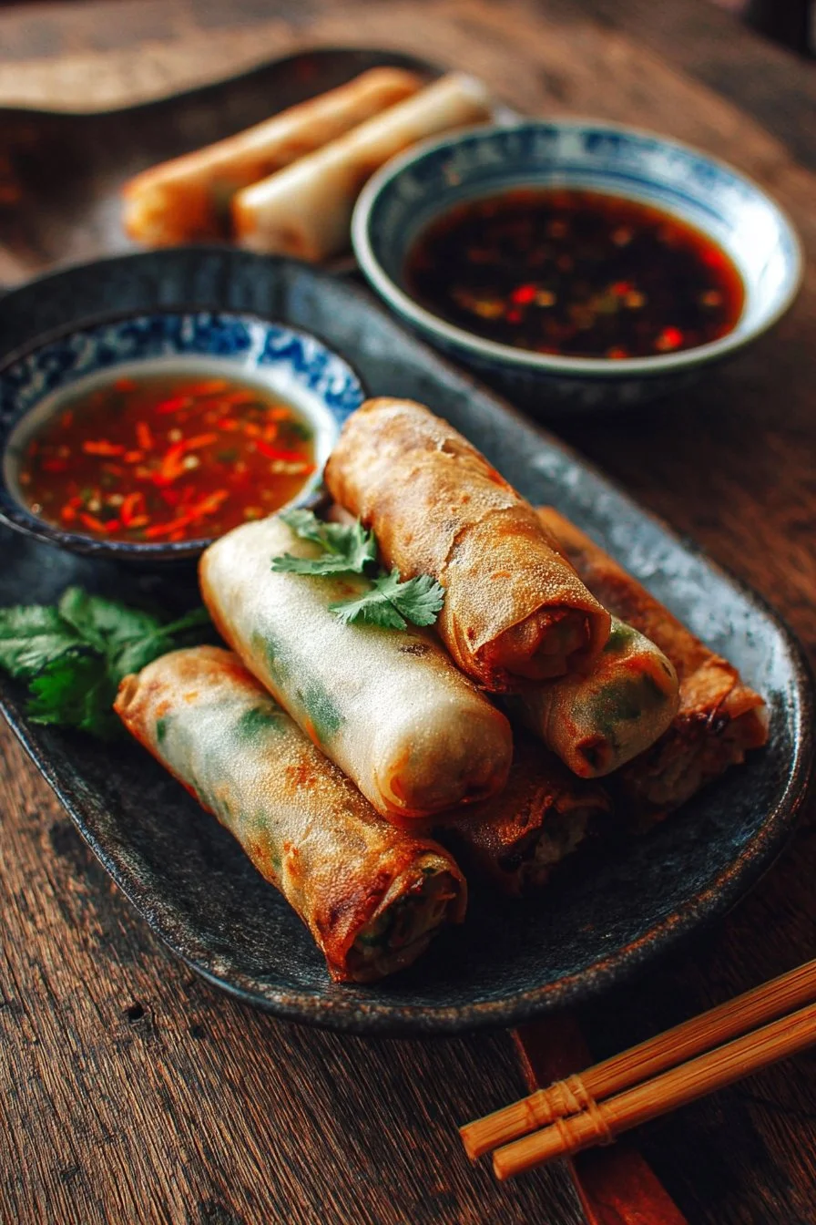 Delicious Chinese vegetable spring rolls served with dipping sauce.
