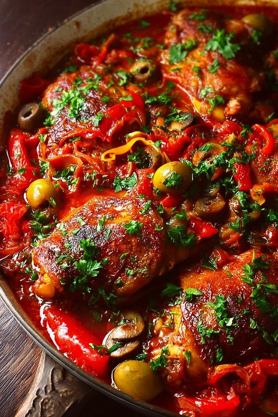 Delicious classic baked chicken cacciatore served with herbs and vegetables