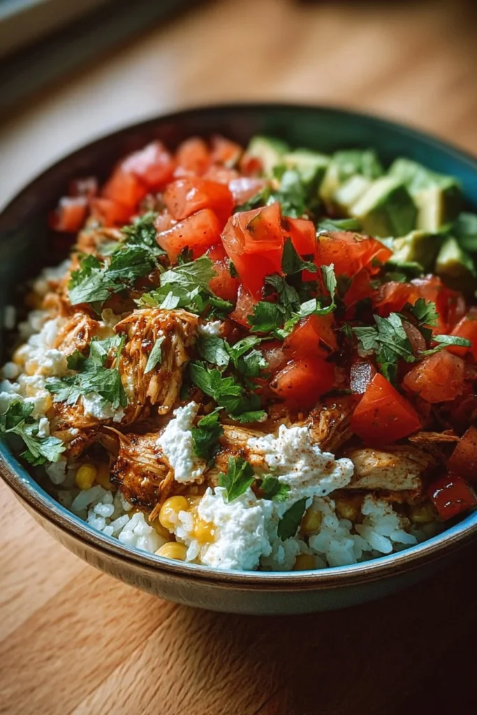 Cottage Cheese Chicken Taco Bowl with fresh ingredients in a colorful dish