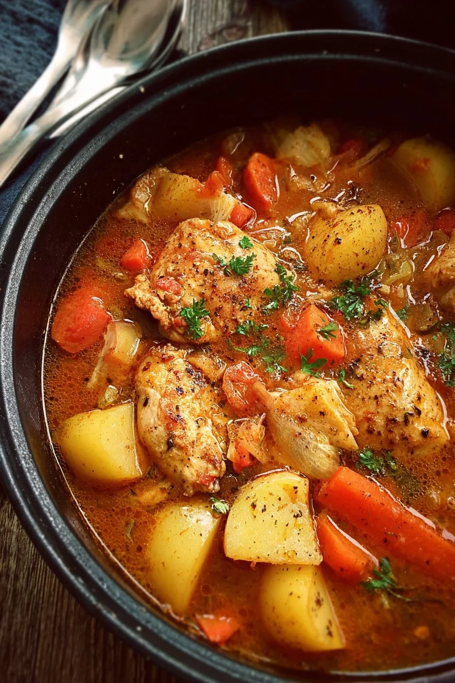 Delicious cozy chicken stew simmering in a pot with fresh vegetables and herbs