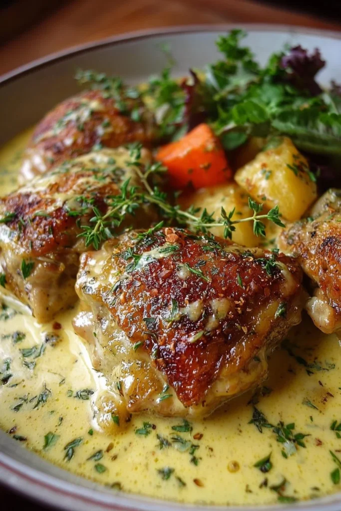 Creamy baked Dijon chicken thighs served on a plate garnished with herbs.
