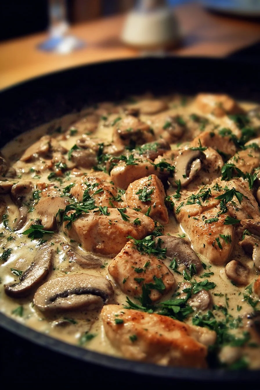 Creamy chicken and mushroom skillet dish served in a cast iron pan