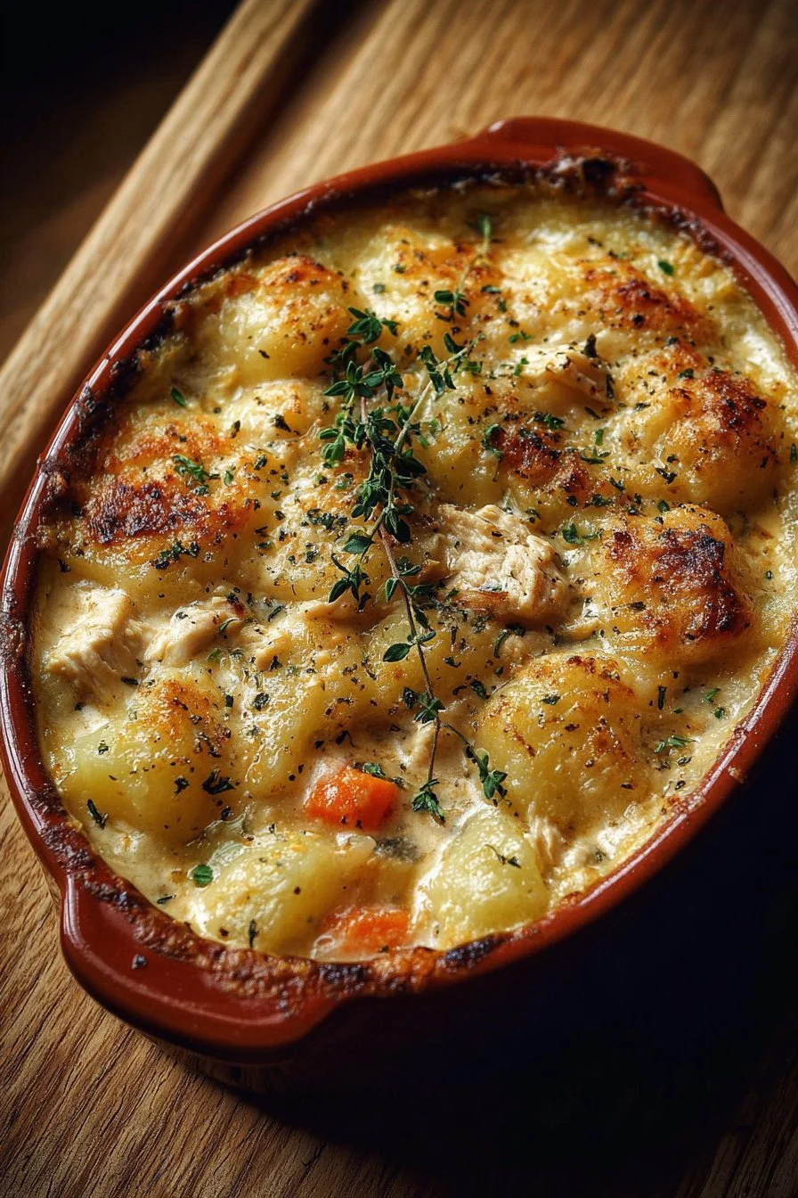 Creamy Chicken Gnocchi Pot Pie with vegetables and a golden crust