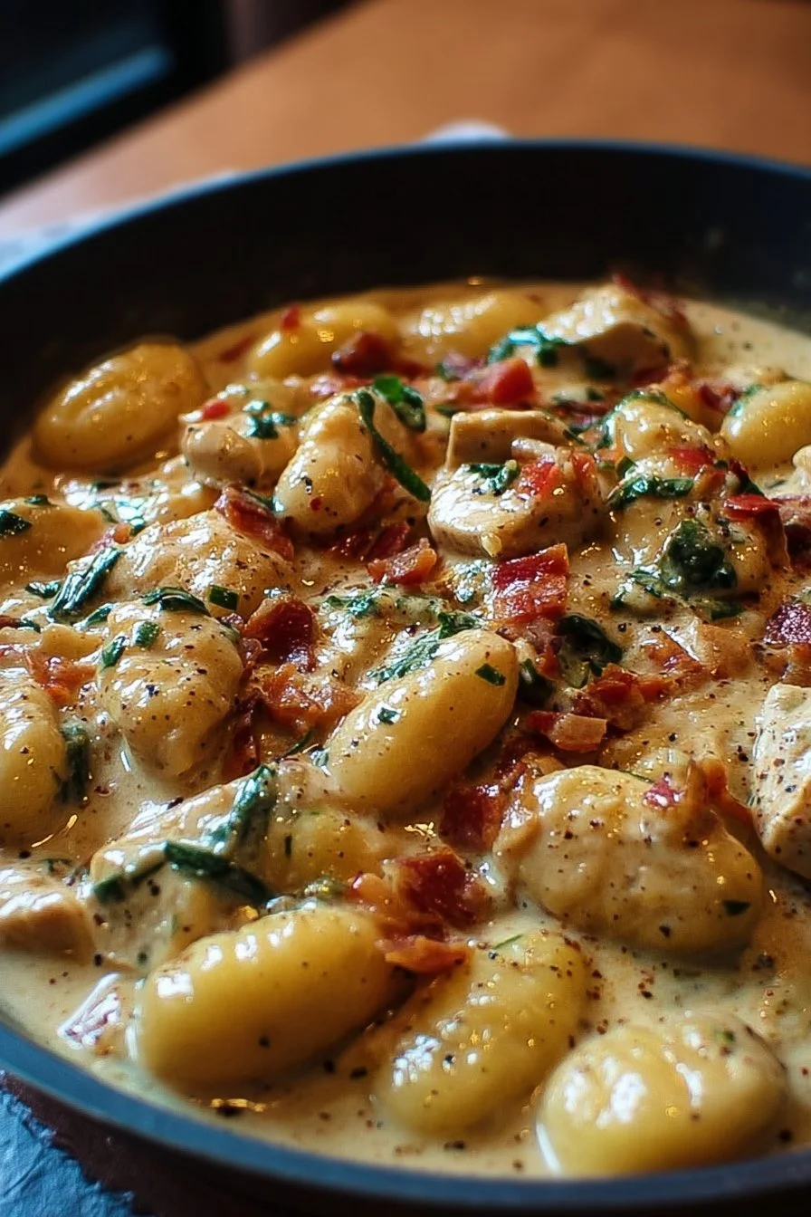 Creamy Chicken Gnocchi Skillet served in a rustic pan, garnished with herbs.