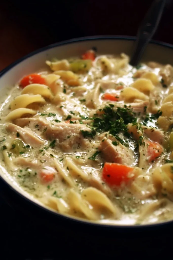 Creamy chicken noodle soup with chicken, noodles, and vegetables in a bowl