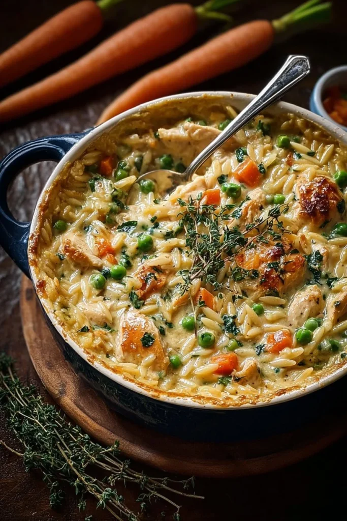 Creamy chicken pot pie orzo with vegetables in a baked dish