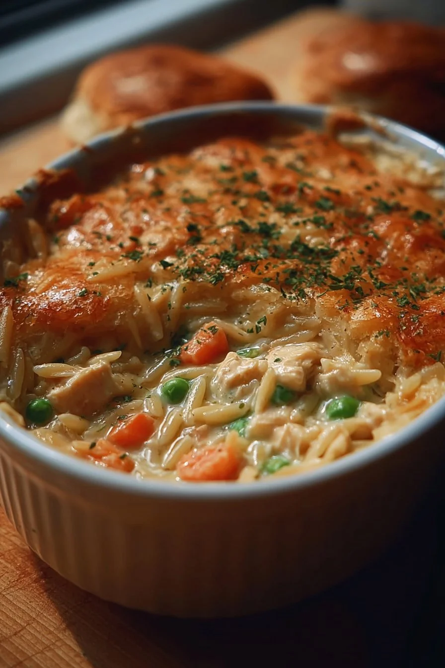 Delicious creamy chicken pot pie orzo ready to serve in a bowl.