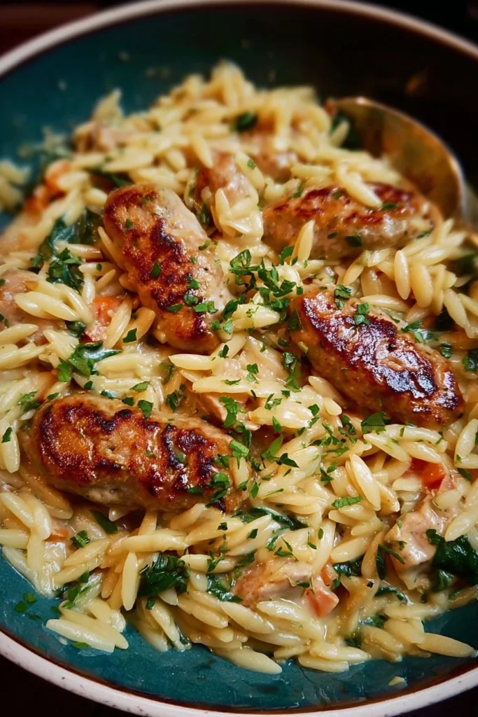 Creamy chicken sausage orzo dish served in a bowl