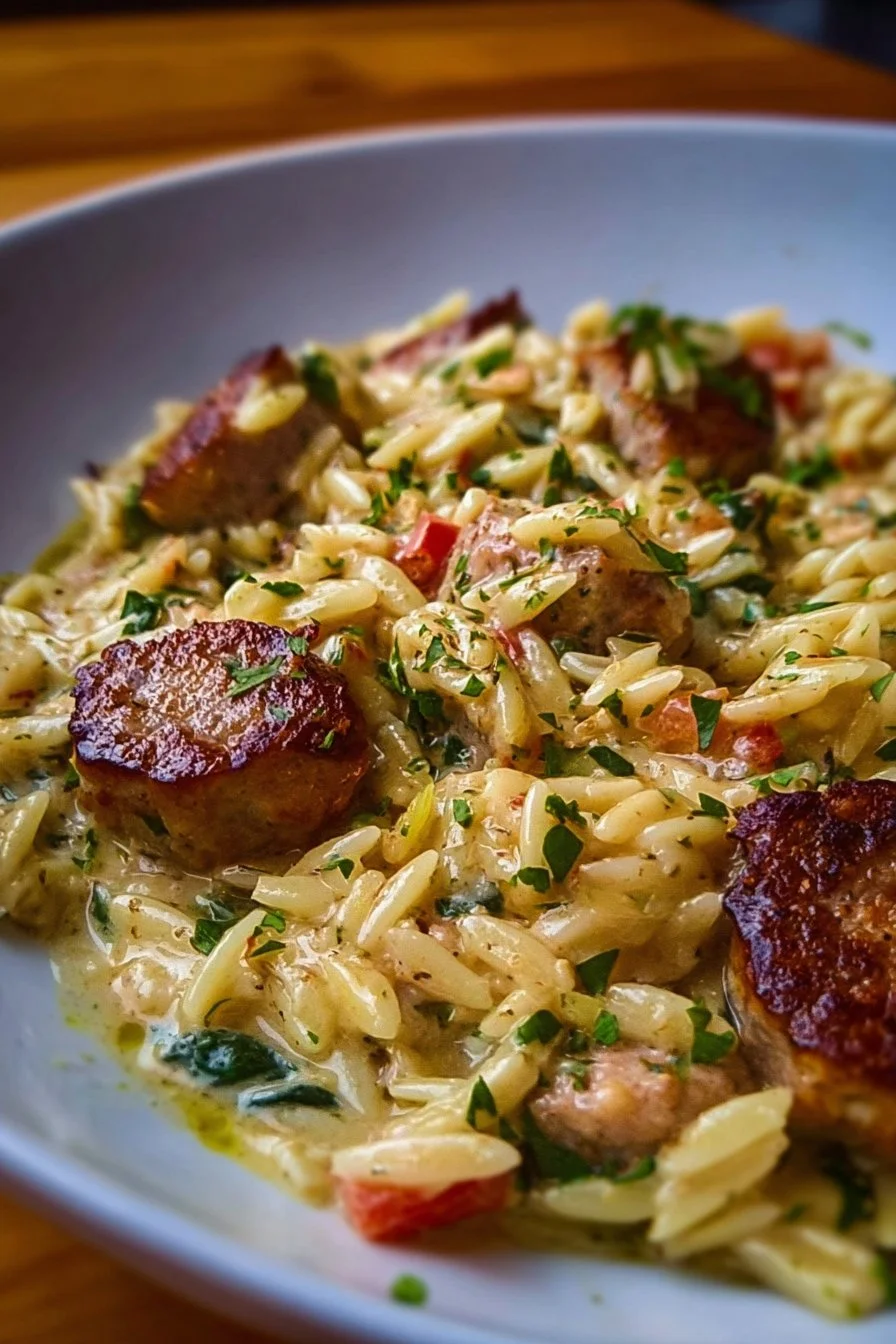 Creamy chicken sausage orzo dish served in a bowl with fresh herbs