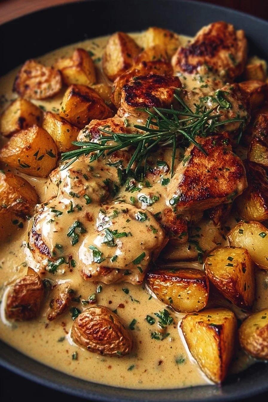 Creamy garlic chicken served with crispy potatoes on a plate