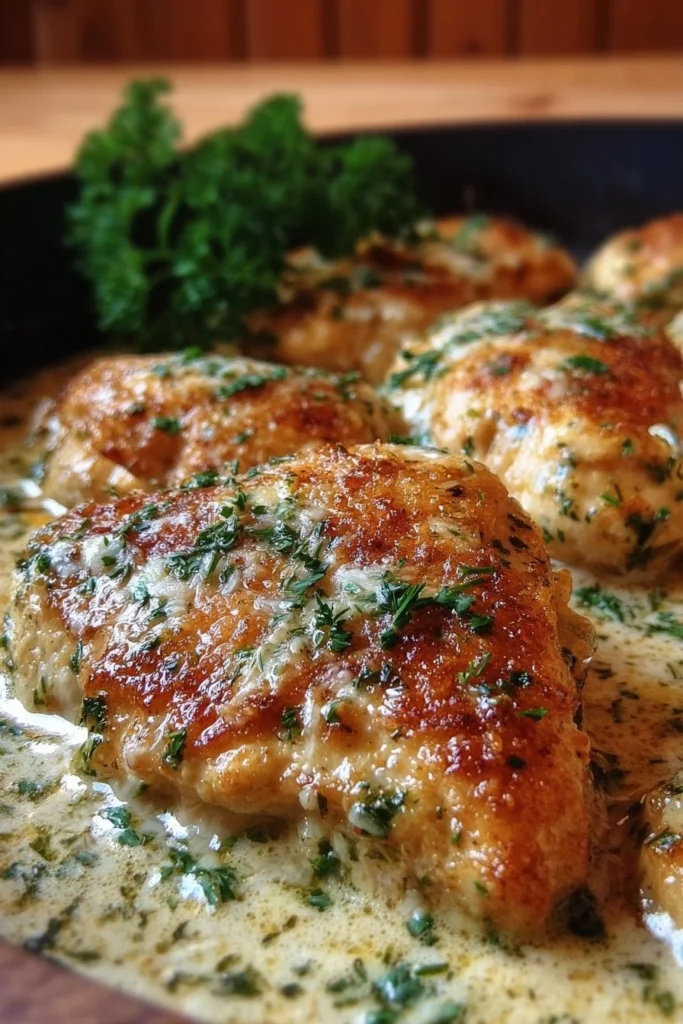 Creamy garlic parmesan chicken dish plated with herbs and cheese