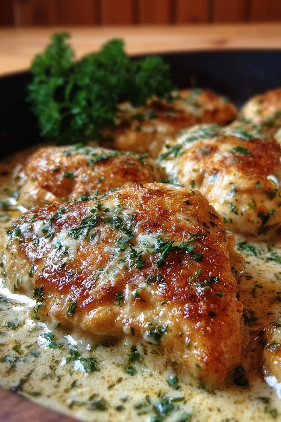Creamy garlic parmesan chicken dish plated with herbs and cheese
