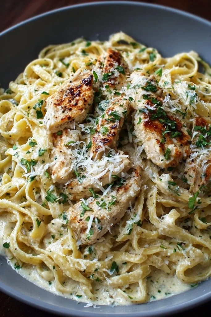 Creamy garlic parmesan chicken fettuccine dish with herbs and cheese