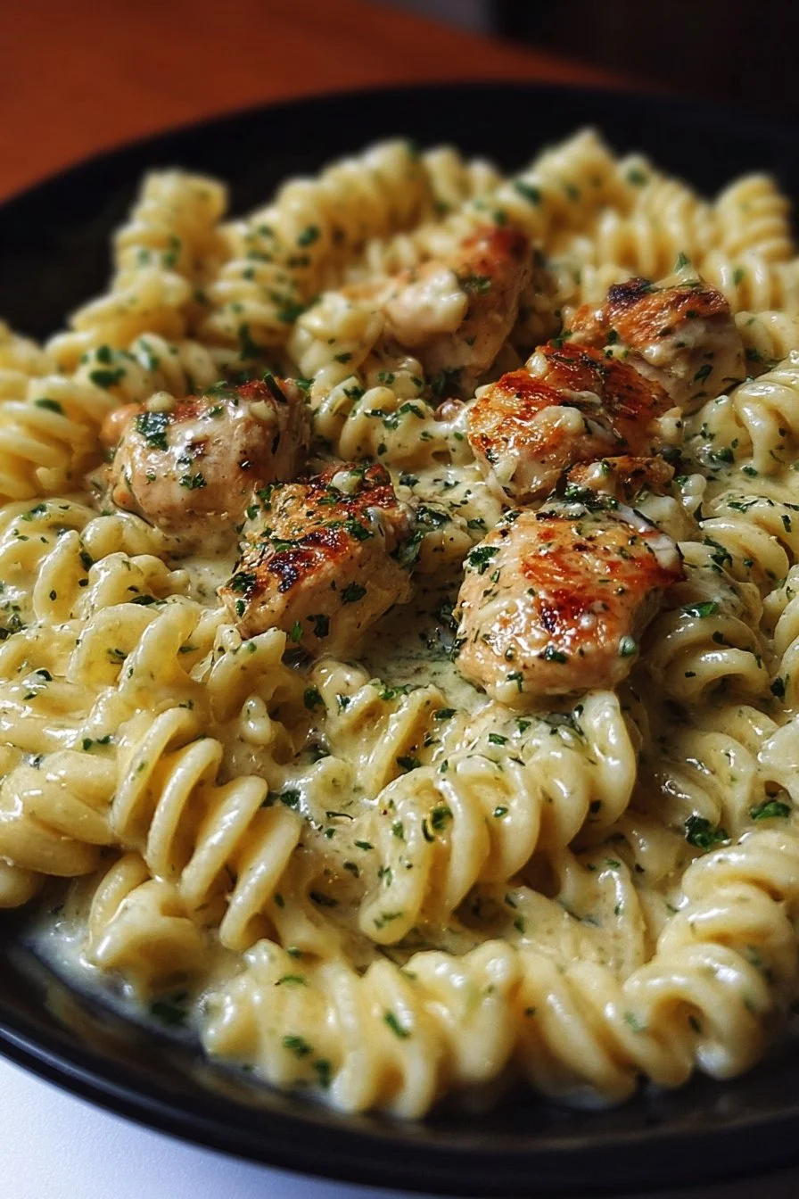 Delicious creamy Garlic Parmesan Chicken Pasta garnished with parsley.