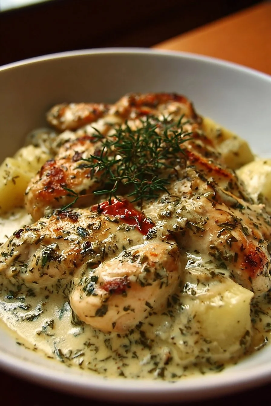 Creamy herb chicken dish served over buttered potatoes, garnished with herbs.