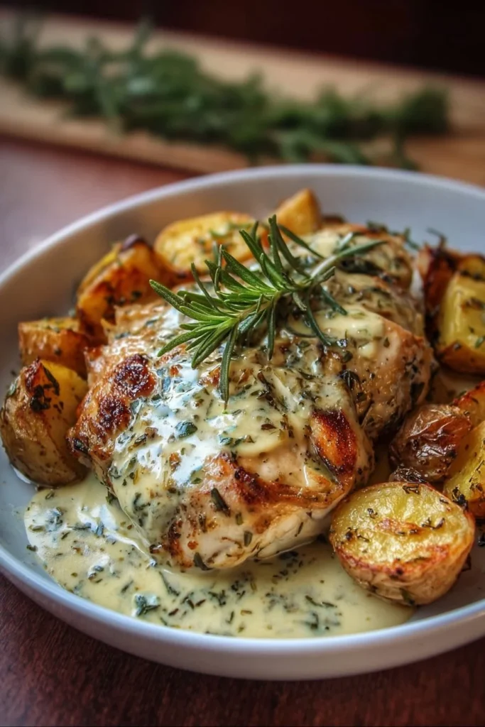 Creamy herby chicken topped with herbs, served with roasted potatoes on a plate.