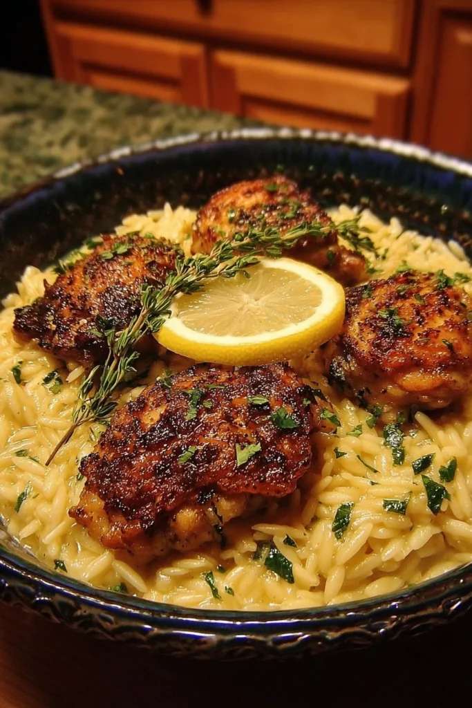 Plate of creamy lemon orzo with crispy chicken thighs garnished with herbs