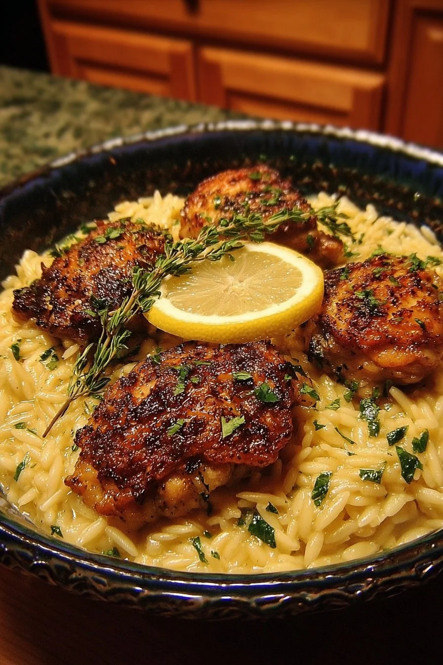 Plate of creamy lemon orzo with crispy chicken thighs garnished with herbs