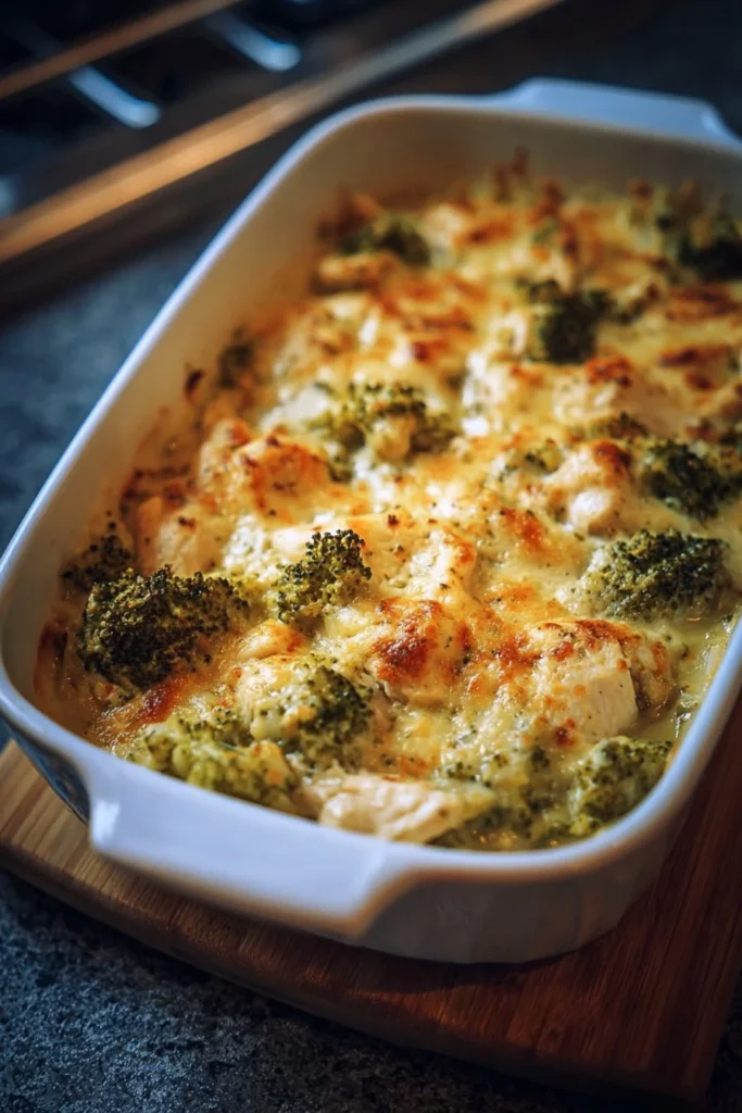 Creamy low-carb broccoli chicken casserole served in a baking dish