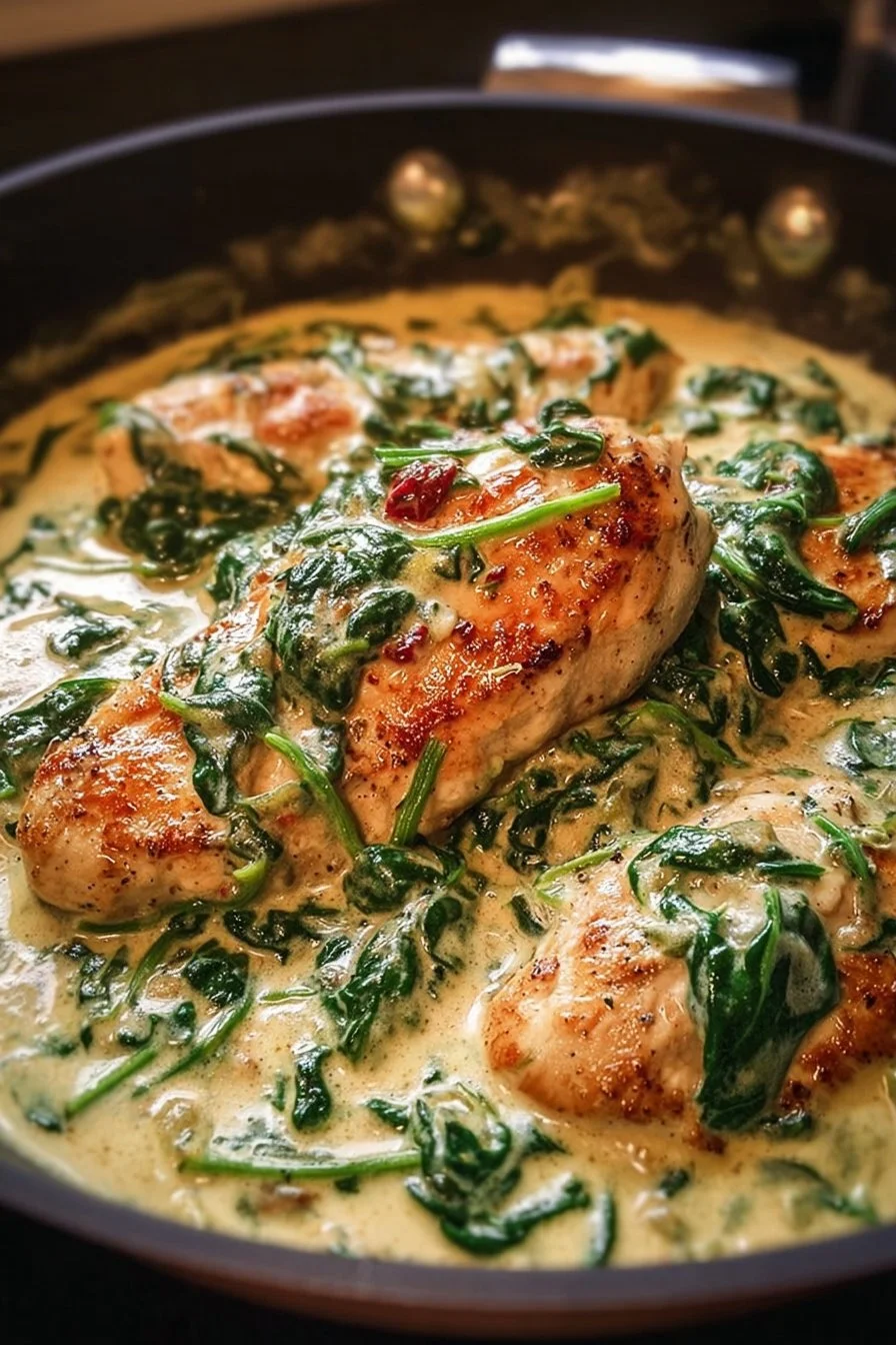 Creamy Parmesan Chicken dish with spinach garnish in a skillet.