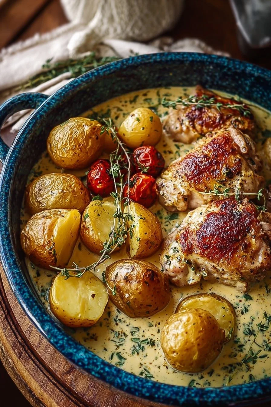 Creamy ranch chicken served with potatoes in a rustic setting