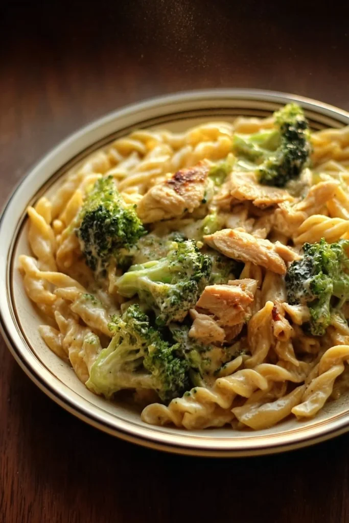 Creamy rotisserie chicken broccoli pasta dish served in a bowl
