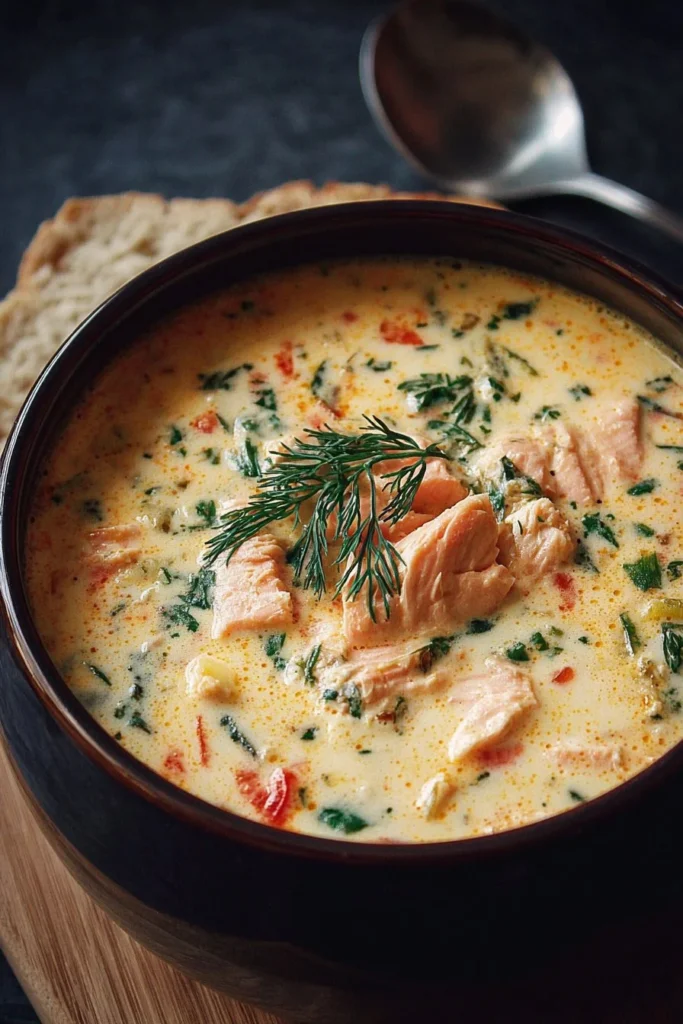 Bowl of creamy salmon chowder garnished with fresh herbs