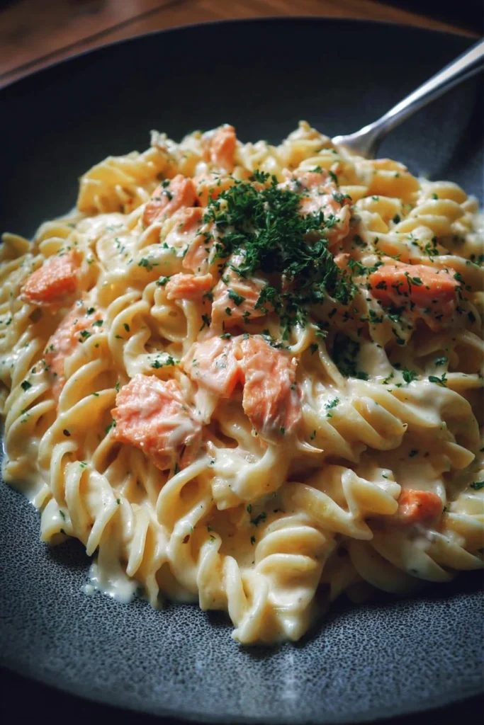 Delicious creamy salmon pasta dish garnished with fresh herbs.