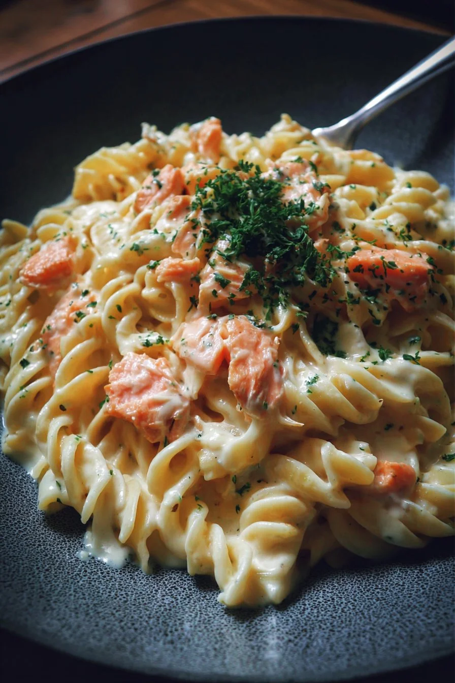 Delicious creamy salmon pasta dish garnished with fresh herbs.