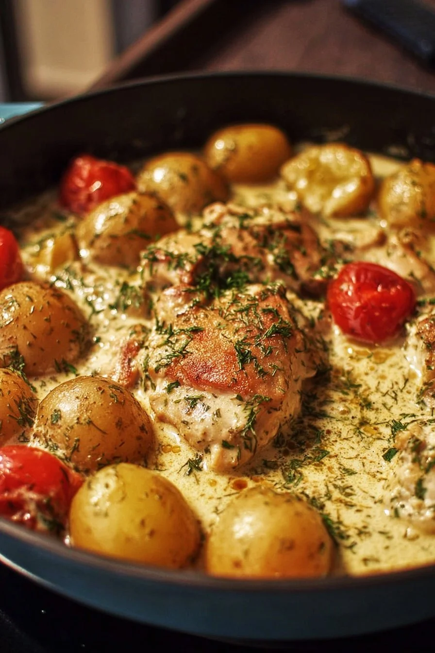 Creamy skillet ranch chicken with baby potatoes in a rustic pan