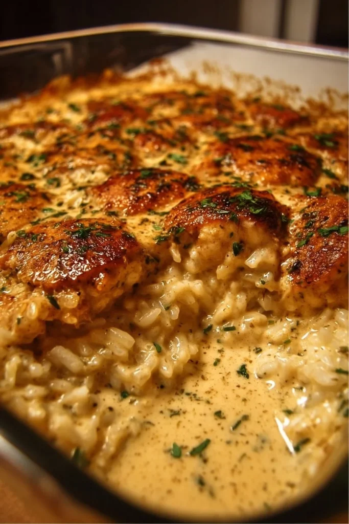 Creamy smothered chicken and rice bake dish served in a bowl