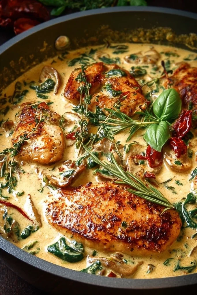 Delicious creamy Tuscan chicken dish with spinach and sun-dried tomatoes