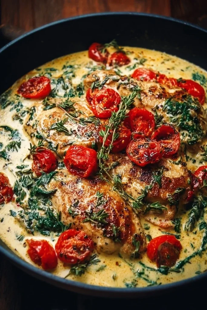 Creamy Tuscan chicken dish with spinach and sun-dried tomatoes