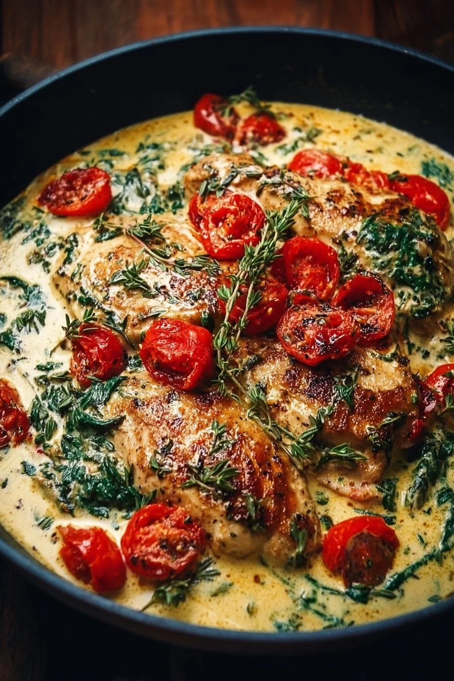 Creamy Tuscan chicken dish with spinach and sun-dried tomatoes