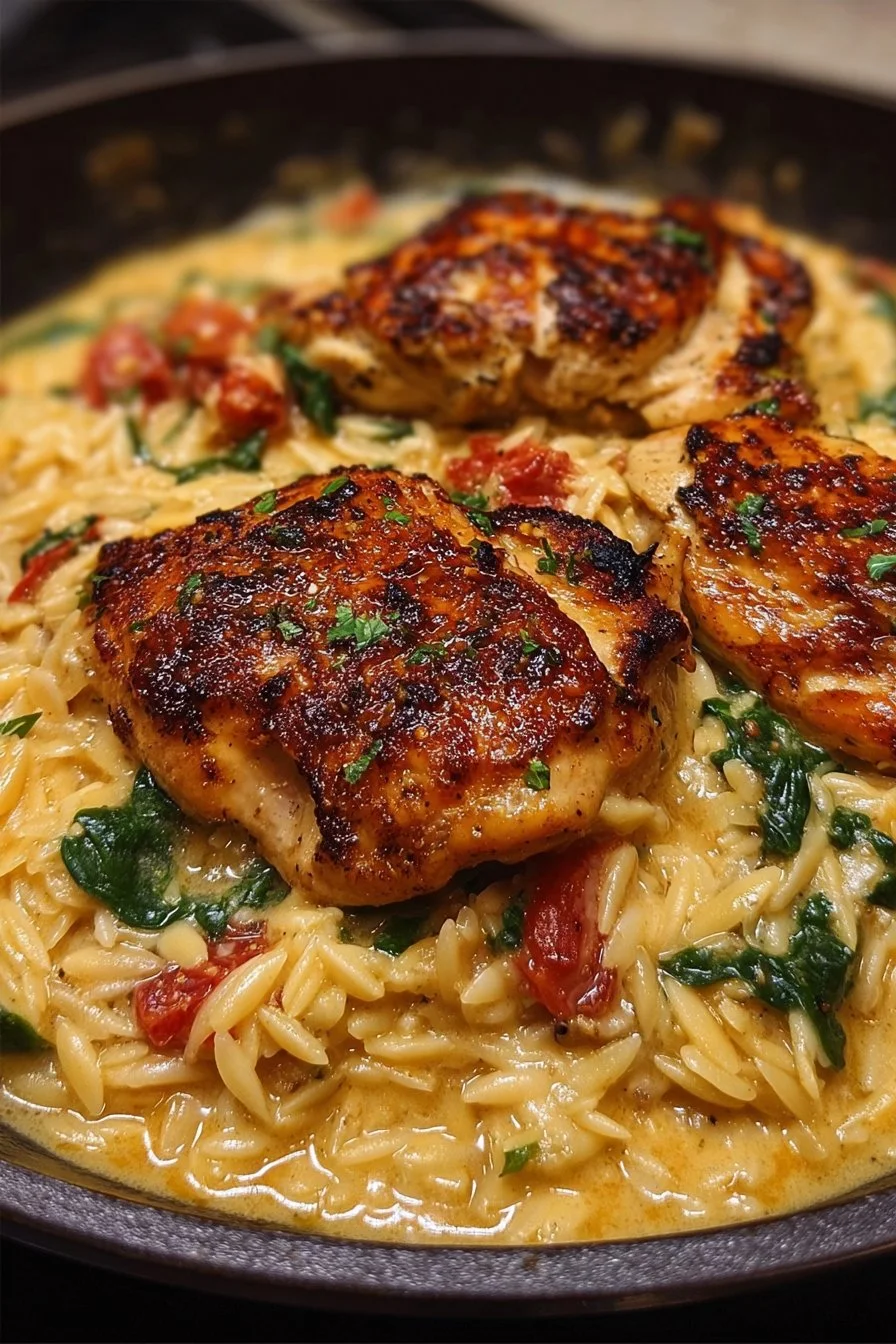Creamy Tuscan-Style Chicken served with Parmesan Orzo on a plate