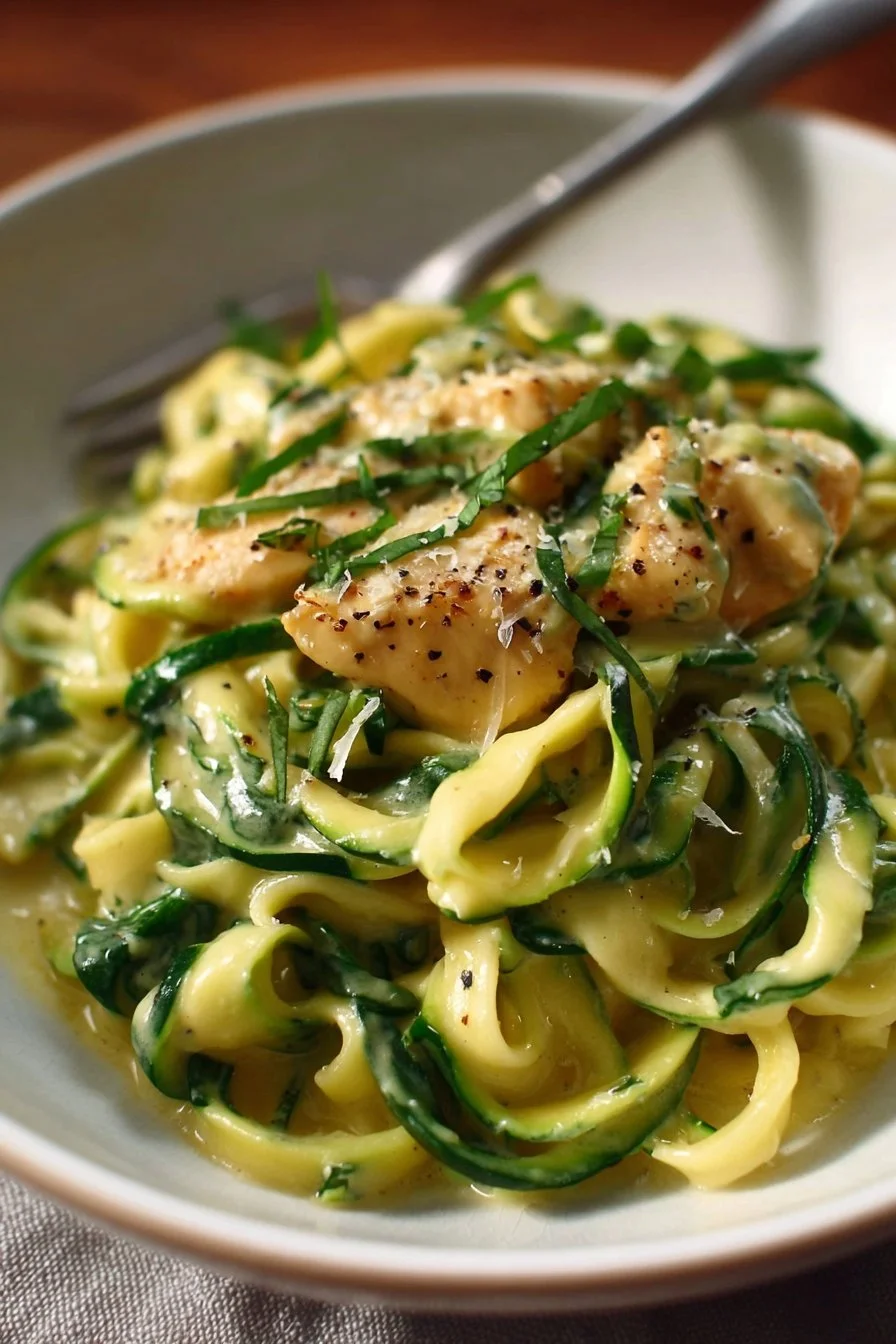 Creamy zucchini noodles topped with cashew sauce in a bowl