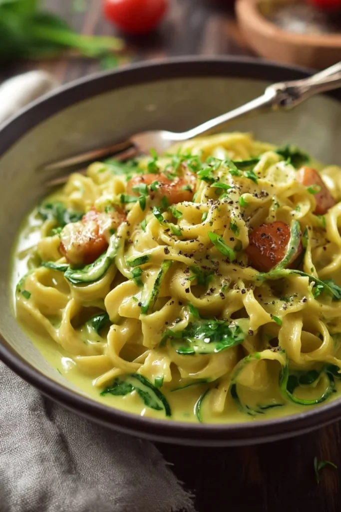 Creamy zucchini pasta with cashew-coconut sauce garnished with herbs