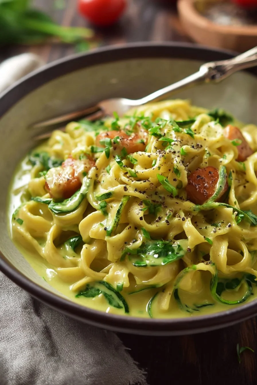 Creamy zucchini pasta with cashew-coconut sauce garnished with herbs