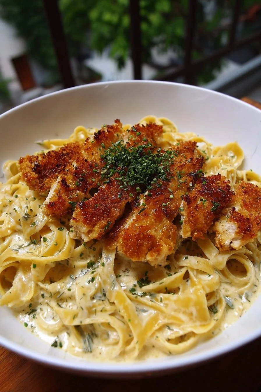 Delicious Crispy Chicken Fettuccine Alfredo with creamy sauce and fried chicken