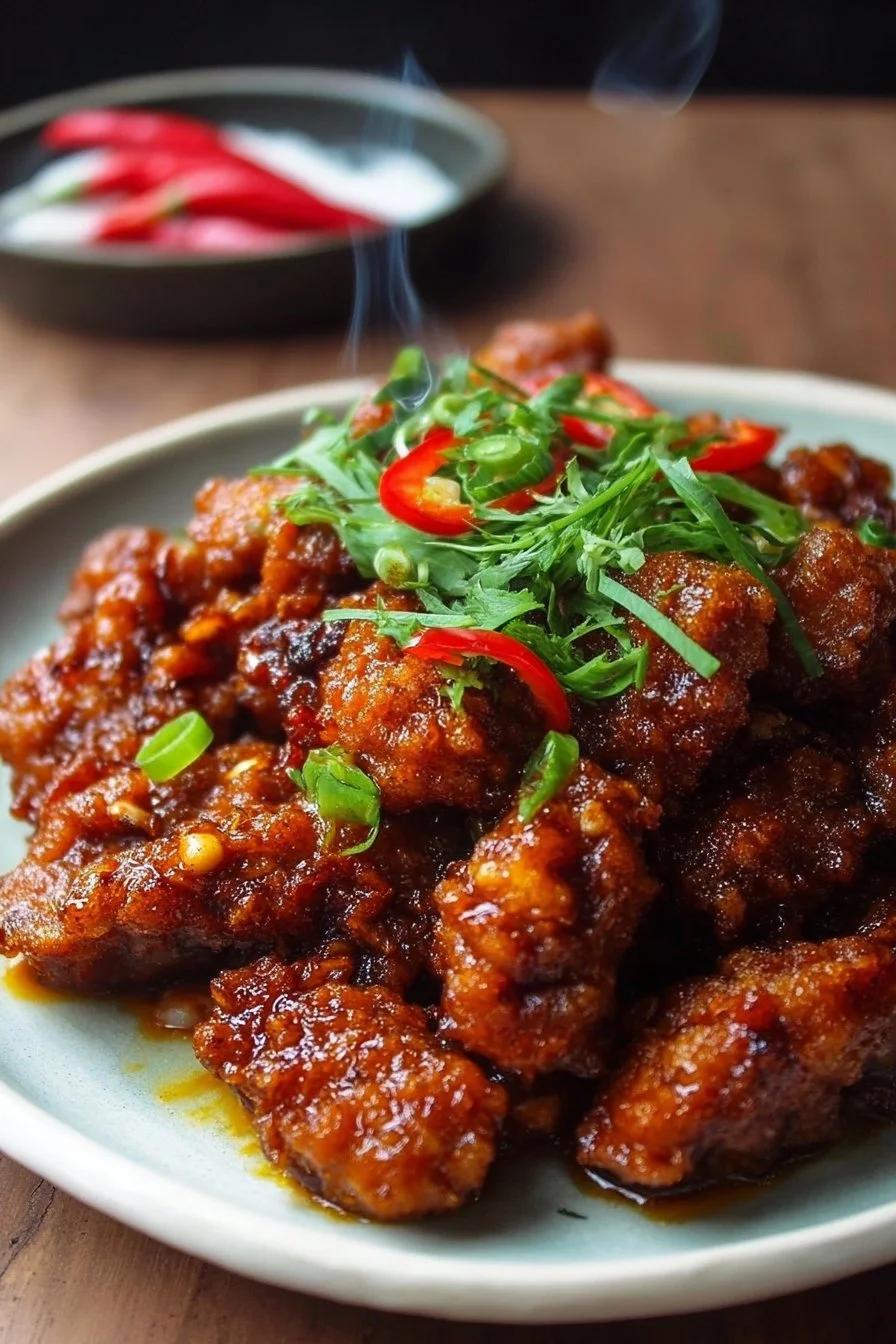Plate of crispy chilli chicken garnished with green onions and chilies