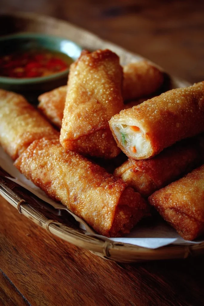 Crispy crab rangoon egg rolls served on a platter with dipping sauce
