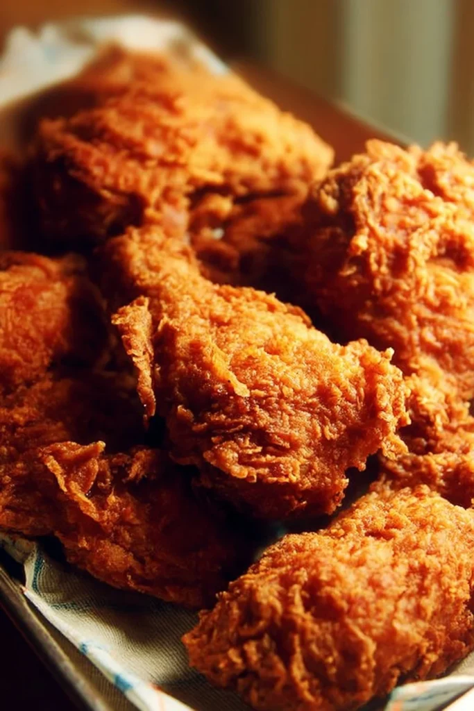 Plate of crispy fried chicken with golden brown crust and garnished with herbs