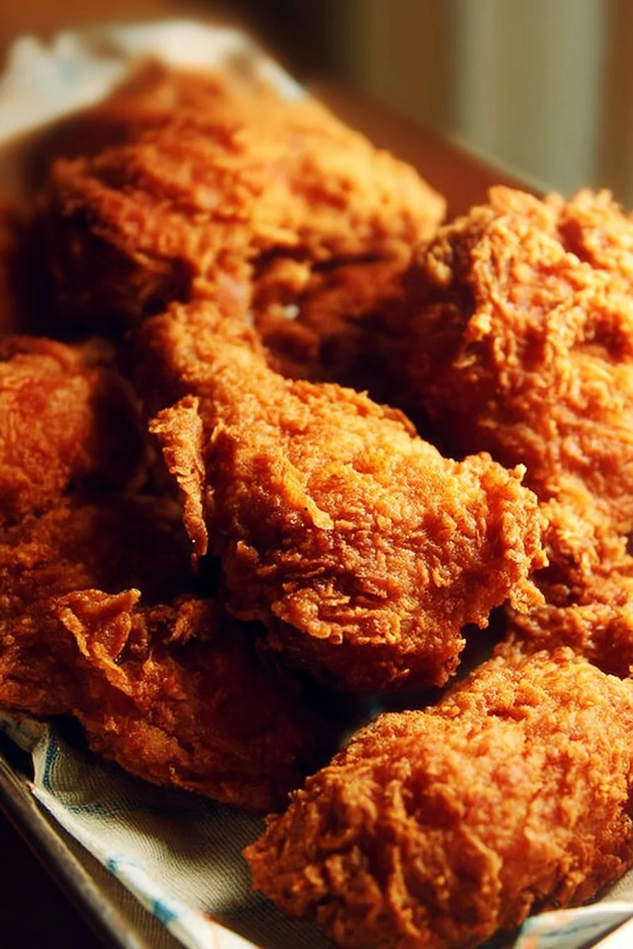 Plate of crispy fried chicken with golden brown crust and garnished with herbs