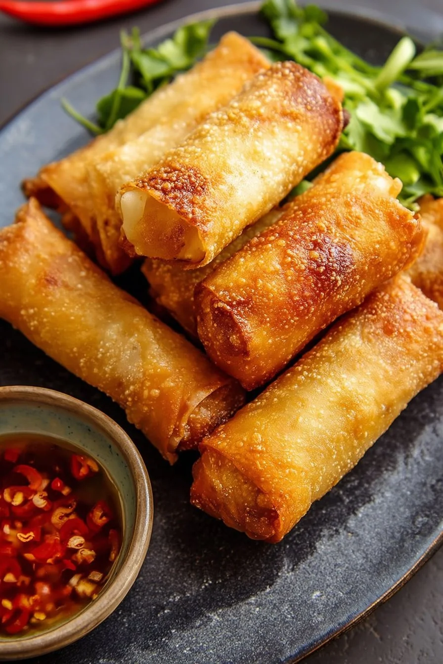 Crispy oven baked egg rolls on a plate with dipping sauce.